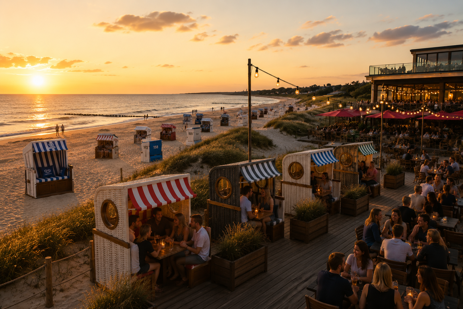 Gosch-Lounge und Strandkörbe als hochwertiger Außenbereich
