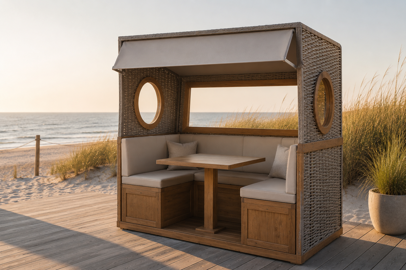 Hochwertiger Außenbereich mit Gosch-Lounges und Strandkörben