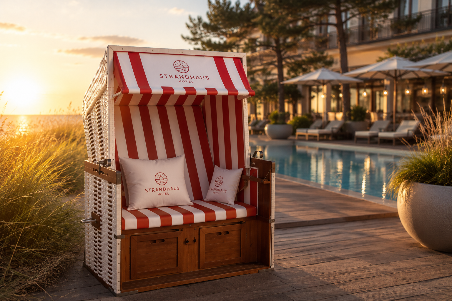 Strandhaus Hotel mit hochwertigem Außenbereich