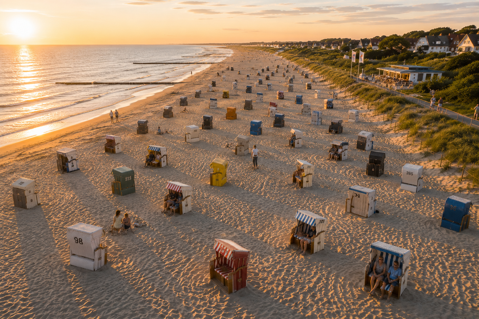 Gebrandete Strandkörbe am Strand